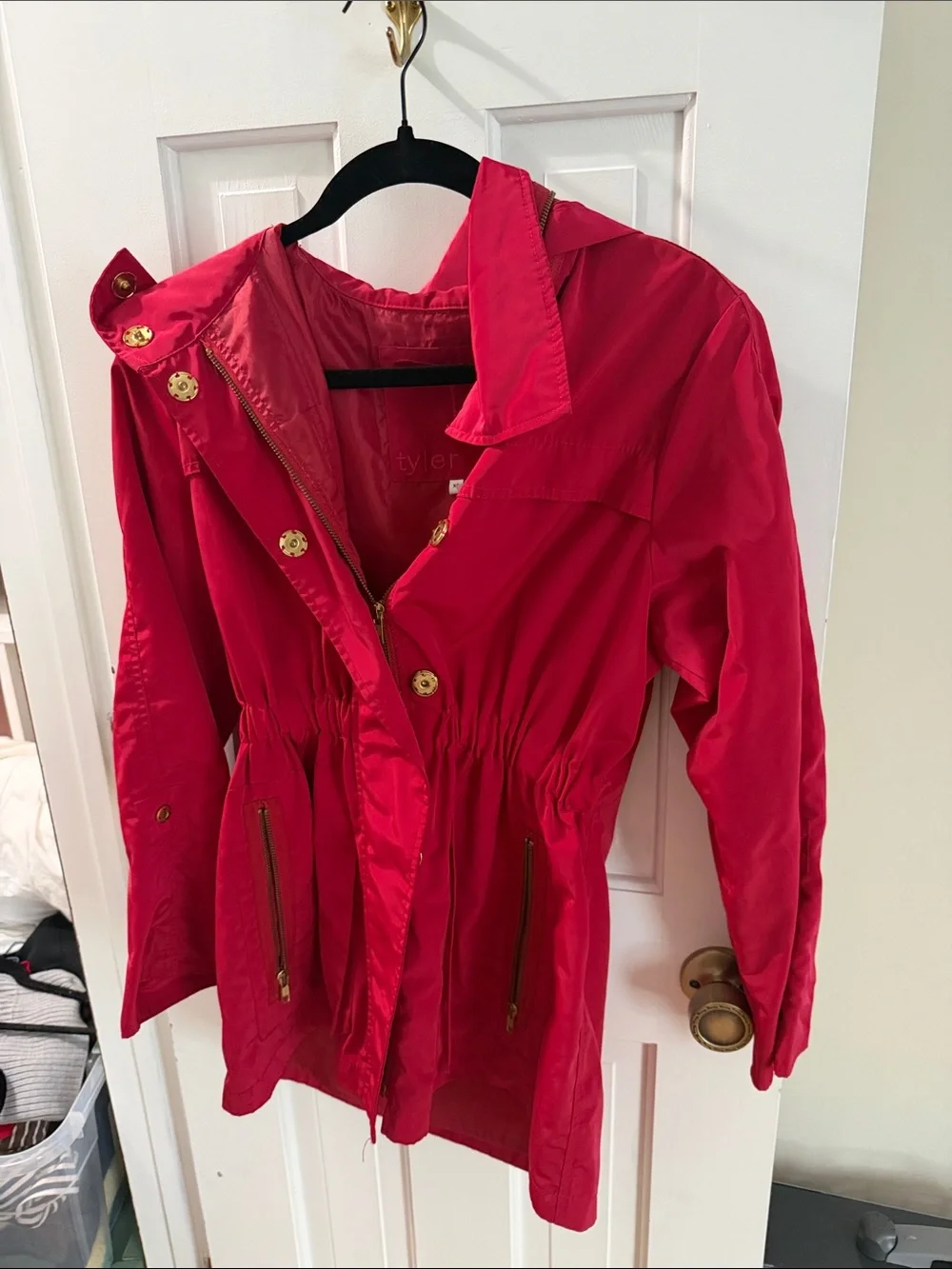 Tyler Boe Bright Red Hooded Trench Coat with Gold Hardware